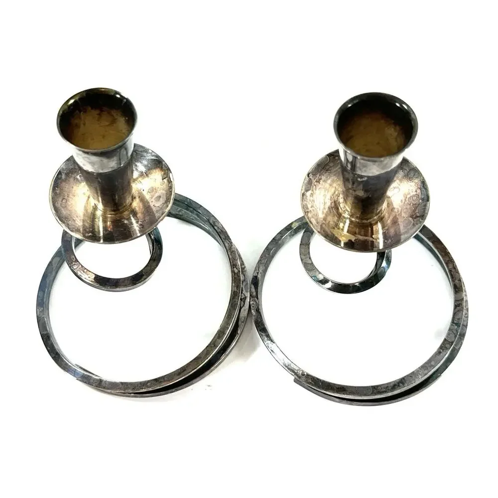 Vintage Silverplate Spiral Candle Holders Pair Hand Hammered Modernist 5”